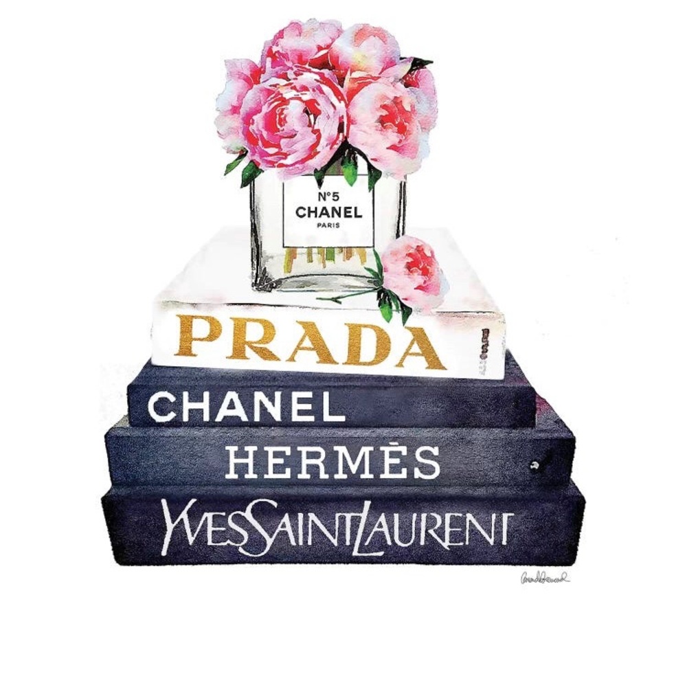 CANVAS Art Stack Of Fashion Books With Pink Peonies Bouquet Chanel Vase